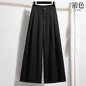 【初色】韓版純色口袋高腰西裝闊腿褲休閒褲寬褲長褲-共3色-10420(M-4XL可選) M 黑色