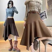 【MsMore】 不規則加厚毛呢高腰顯瘦中長A字傘裙# 126802 M 卡其色