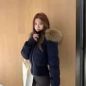 【MsMore】 辣妹毛領連帽加厚棉服收腰短款外套# 126827 M 藏青色