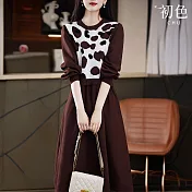 【初色】假兩件拼接撞色圓領長袖收腰針織連衣裙連身洋裝長洋裝-棕色-16695(F可選) F 棕色