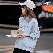 【初色】假兩件拼接翻領字母印花長袖寬鬆T恤上衣女上衣-灰色-16792(M-2XL可選) L 灰色