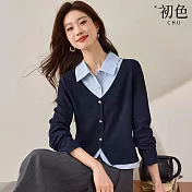 【初色】學院風翻領假兩件單排釦長袖襯衫上衣女上衣-寶藍色-16790(M-2XL可選) M 寶藍色