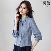 【初色】復古風亞麻紋理繡花修身翻領燈籠長袖襯衫上衣女上衣-藍色-16801(M-2XL可選) M 藍色