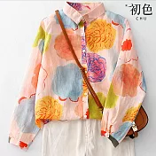 【初色】日系撞色印花翻領長袖單排釦寬鬆襯衫上衣女上衣-花色-16710(M-2XL可選) M 花色