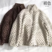 【初色】休閒寬鬆羊羔絨圓點保暖拉鍊式立領長袖開衫外套女外套-共2色-16704(L-2XL可選) L 米色