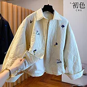 【初色】韓系長袖翻領單排釦菱形格紋印花刺繡外套女外套-共2色-16705(L-2XL可選) L 米色