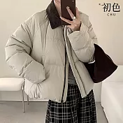 【初色】韓系拚色禦寒翻領長袖拉鍊雙口袋單排釦保暖羽絨外套女外套-共5色-16683(S/M可選) S 米白色