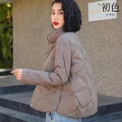 【初色】休閒風輕便薄款保暖短款純色絎線單排釦立領長袖科技羽絨棉外套女外套-共4色-16686(M/L可選) M 褐色