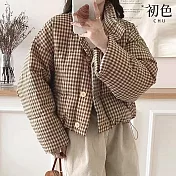 【初色】復古小格紋寬鬆保暖防寒蓬鬆縮繩立領排扣長袖羽絨衣外套女外套-共2色-16687(S/M可選) S 卡其色