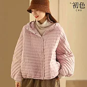 【初色】簡約純色絎線寬鬆顯瘦連帽單排按釦雙口袋長袖羽絨外套女外套-共4色-16688(S/M可選) S 粉色
