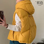【初色】工裝純色保暖禦寒防風鴨絨抽繩連帽羽絨馬甲背心女背心-共3色-16678(S/M可選) S 薑黃色
