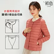 【初色】簡約純色絎線修身鴨絨保暖防風禦寒圓領長袖羽絨外套女外套-共10色-16689(M-4XL可選) M 磚紅色