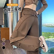 【MsMore】 加絨工裝褲天絲棉束腳闊腿兩穿高腰休閒運動褲# 126807 M 咖色