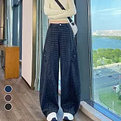 【MsMore】 格子彎刀工裝褲高腰香蕉毛呢休閒褲# 126815 M 藏青色