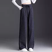 【MsMore】 復古羊絨感毛呢小格紋闊腿褲直筒休閒# 126820 M 藏青色