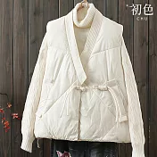 【初色】復古中式純色復古V領無袖盤扣棉服禦寒保暖寬鬆馬甲外套背心女背心-共4色-16743(L/XL可選) XL 白色