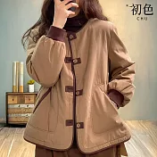 【初色】文藝復古風寬鬆拼接撞色排釦圓領長袖棉服外套女外套-共3色-16742(L-2XL可選) L 卡其色