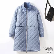 【初色】復古菱形格紋純色圓領長袖拉鍊保暖防寒棉服外套女外套-共2色-16751(M-2XL可選) M 淺藍色