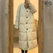 【初色】復古風加厚保暖純色立領單排釦長袖長款白鴨絨科技羽絨棉外套女外套-共2色-16734(L-2XL可選) L 米黃色