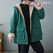 【AMIEE】連帽保暖兩面穿羊羔絨棉衣(KDCQ-9258) L 綠色
