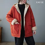【AMIEE】連帽保暖兩面穿羊羔絨棉衣(KDCQ-9258) L 桔紅色