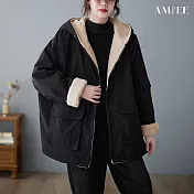 【AMIEE】連帽保暖兩面穿羊羔絨棉衣(KDCQ-9258) L 黑色