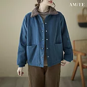 【AMIEE】保暖短款棉襖外套(KDCQ-9310) M 藍色