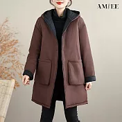 【AMIEE】中長款連帽棉衣寬鬆舒適開衫外套(KDCQ-8935) M 咖啡色