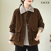 【AMIEE】羊羔毛翻領加絨保暖外套(KDCQ-9356) M 咖啡色