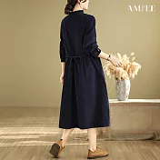 【AMIEE】法式復古燈芯中長連衣裙(KDDQ-9816) L 藏青色