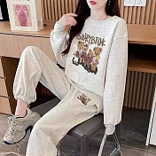 【MsMore】 純棉牛奶絲復銀狐絨休閒運動長褲2件式套裝# 126847 M 灰色