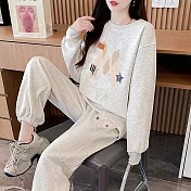 【MsMore】 純棉牛奶絲銀狐絨字母T休閒運動長褲2件式套裝# 126853 M 灰色