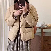 【MsMore】 韓國ins燈芯絨翻領輕薄羽絨棉短款小香風外套# 126855 M 卡其色