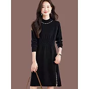 【MsMore】 毛針織連身裙半高領釘珠毛衣洋裝# 126869 FREE 黑色