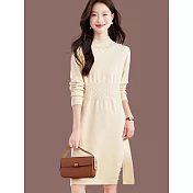 【MsMore】 毛針織連身裙半高領釘珠毛衣洋裝# 126869 FREE 米白色