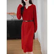 【MsMore】 時尚V領針織連身裙寬鬆配大衣顯瘦洋裝# 126891 FREE 紅色