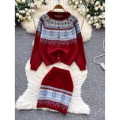 【MsMore】 甜美雪花針織小個子套裝長袖圓領毛衣+高腰短裙# 126893 FREE 紅色