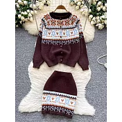 【MsMore】 甜美雪花針織小個子套裝長袖圓領毛衣+高腰短裙# 126893 FREE 咖色