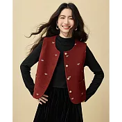 【MsMore】 東方美學精緻保暖毛呢繡花圓領背心上衣# 126914 XL 紅色