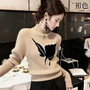 【初色】慵懶長袖半高領刺繡針織衫毛衣上衣女上衣-共3色-16990(F可選) F 淺咖色