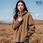 【初色】簡約純色拉鍊長袖連帽口袋寬鬆外套女外套-咖色-16895(M-2XL可選) M 咖色