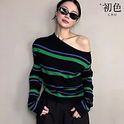 【初色】韓系簡約斜露肩條紋針織長袖上衣女上衣-多色條紋-16923(F可選) F 多色條紋