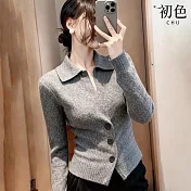 【初色】簡約修身翻領排扣收腰長袖針織開衫毛衣上衣女上衣-灰色-16919(F可選) F 灰色