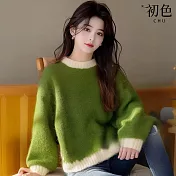 【初色】撞色拼接圓領長袖寬鬆針織毛衣保暖禦寒針織衫上衣女上衣-綠色-16984(F可選) F 綠色