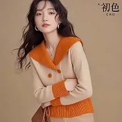 【初色】氣質慵懶拼色大翻領長袖雙排釦針織上衣女上衣-橘色-16994(F可選) F 橘色