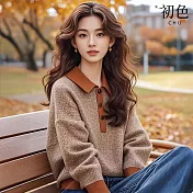 【初色】慵懶風復古撞色拚色翻領長袖單排釦針織毛衣上衣女上衣-咖色-16982(F可選) F 咖色