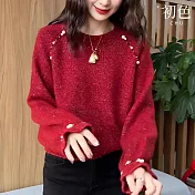 【初色】簡約圓領亮絲釘珠荷葉邊寬鬆長袖針織毛衣上衣女上衣-紅色-16986(F可選) F 紅色