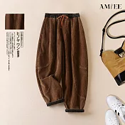 【AMIEE】燈芯絨加厚哈倫褲(KDPQ-6201) M 咖色