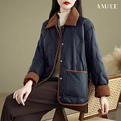 【AMIEE】燈芯絨拼接撞色外套(KDCQ-9556) M 黑色