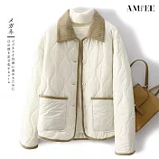 【AMIEE】燈芯絨拼接風菱格外套(KDCQ-8017) M 米白色